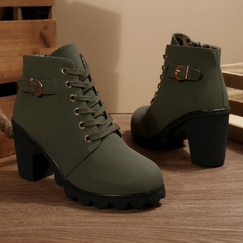 Mechi | Boots For Women | Lace Up Ankle Block Heel Army Green