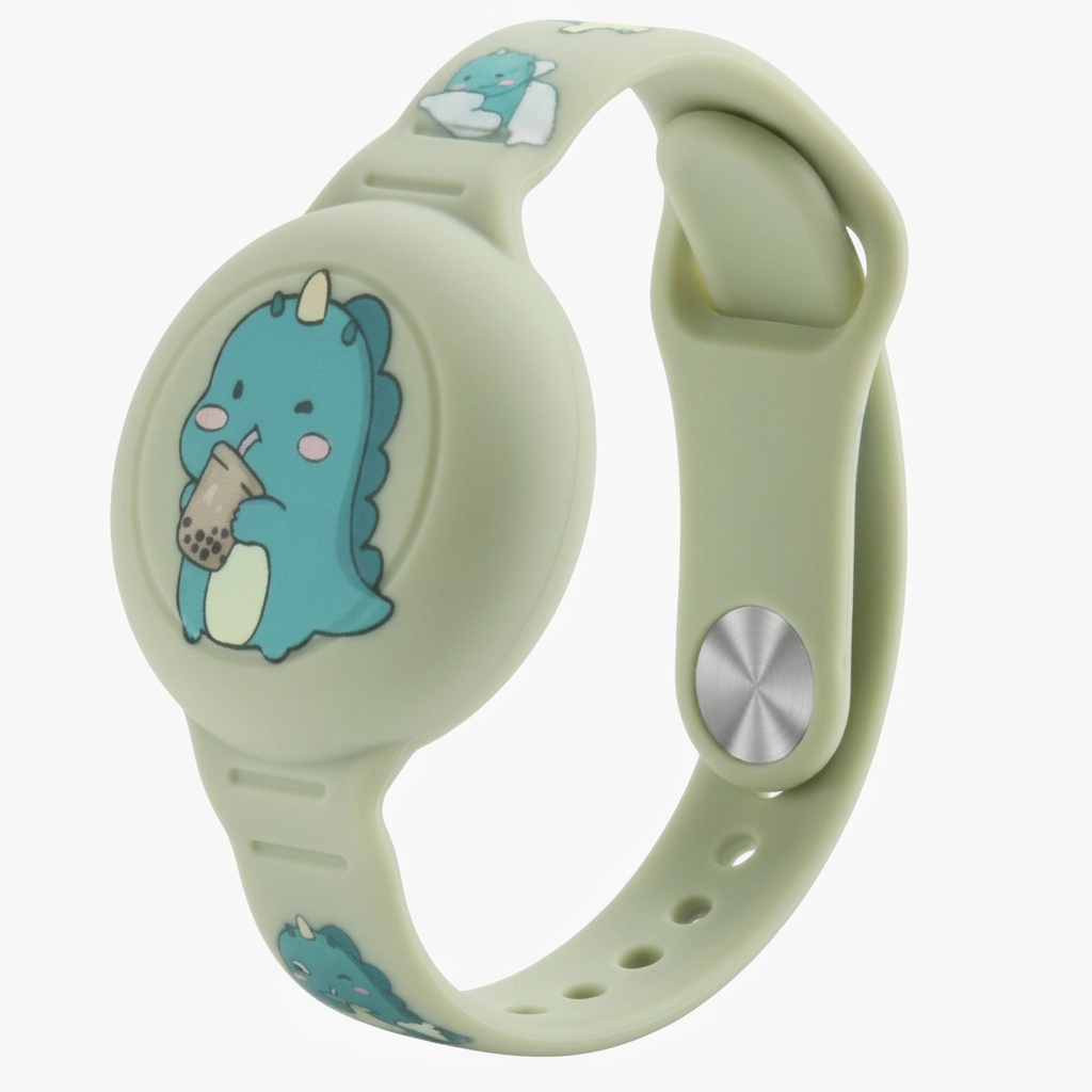 Light green kids GPS tracker wristband with dinosaur print, adjustable strap, and circular module