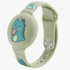Light green kids GPS tracker wristband with dinosaur print, adjustable strap, and circular module