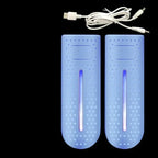 Portable shoe dryer with UV light, blue pair with blue lamp glow and white power cables