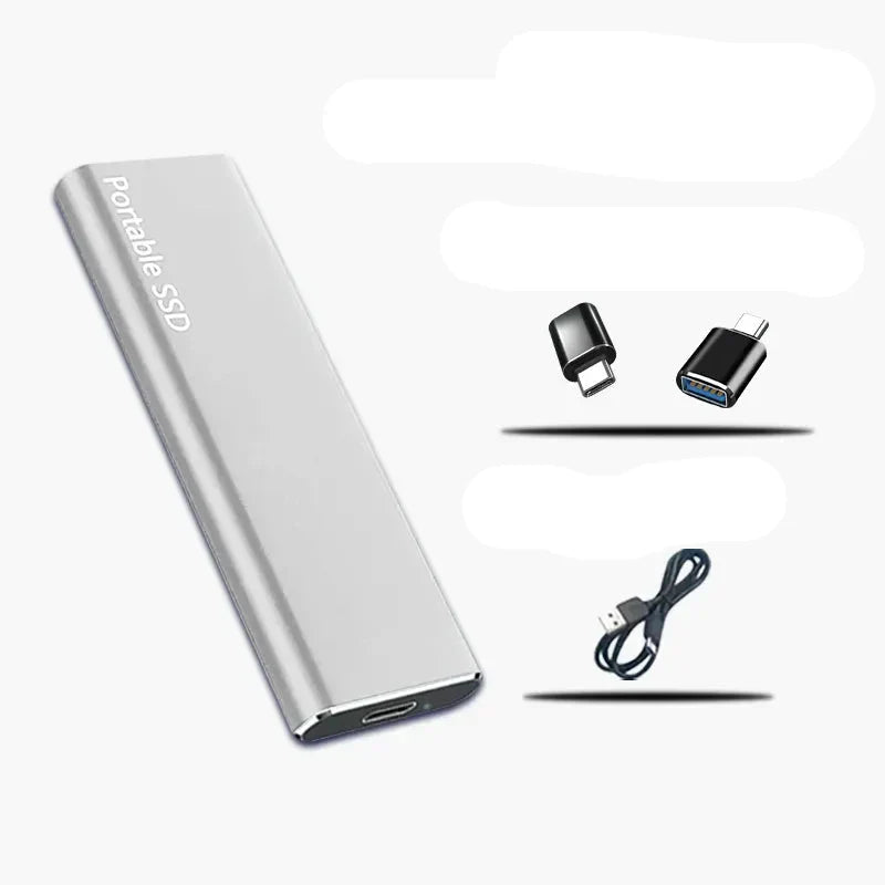 Silver portable external SSD with USB-C adapter and cable, slim aluminum body.