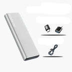 Silver portable external SSD with USB-C adapter and cable, slim aluminum body.