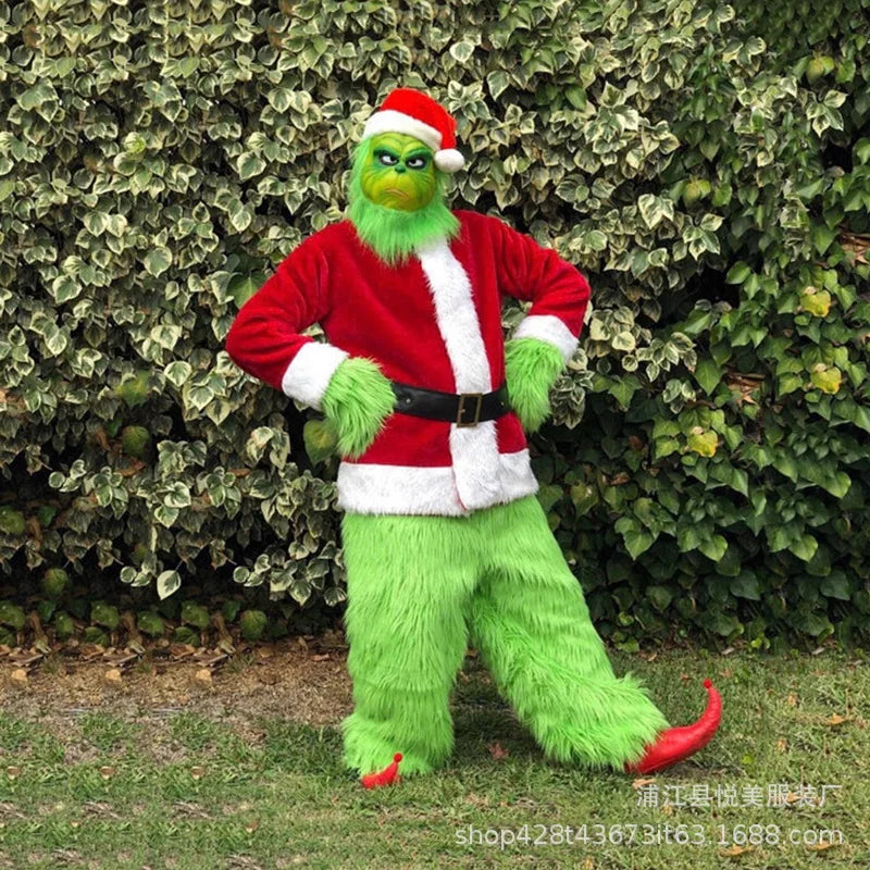 Adult Christmas costume set with green mask head: red jacket, white trim, green pants, belt