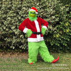 Adult Christmas costume set with green mask head: red jacket, white trim, green pants, belt
