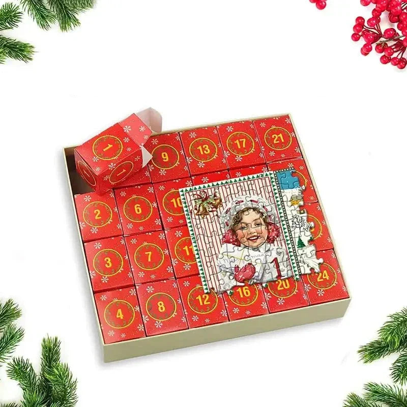Red 24-day advent jigsaw puzzle calendar lid with numbered squares and small building illustration