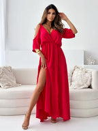 Rosavie | Cold Shoulder Maxi Dress for Women - V Neck Wrap Elasticated Slit Regular Fit-Dresses-Red-S-Camoufit