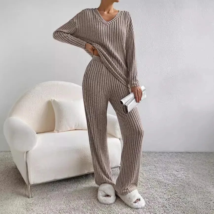 Amélis | Soft Knit Set for Women - V Neck Ribbed Sweater Trousers Relaxed Cosy Two Piece Fit-Loungewear set-Beige-S-Camoufit