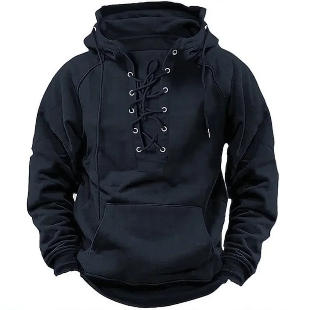 Men's dark navy lace-up hooded sweatshirt with lace-up neckline and kangaroo pocket