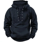 Men's dark navy lace-up hooded sweatshirt with lace-up neckline and kangaroo pocket