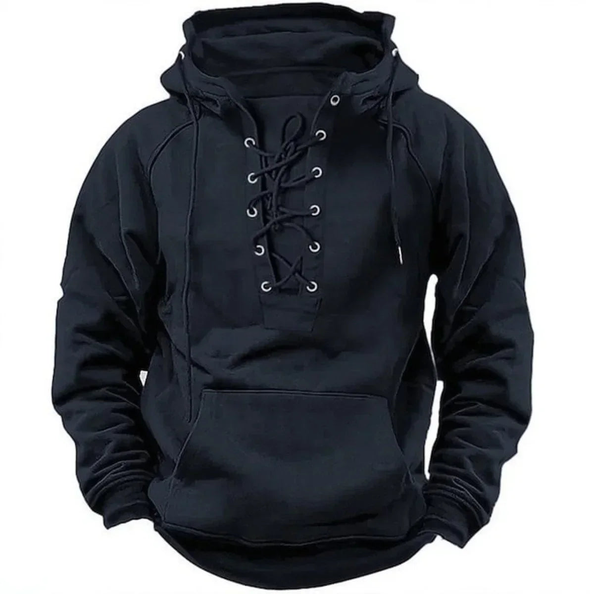 Men's dark navy lace-up hooded sweatshirt with lace-up neckline and kangaroo pocket