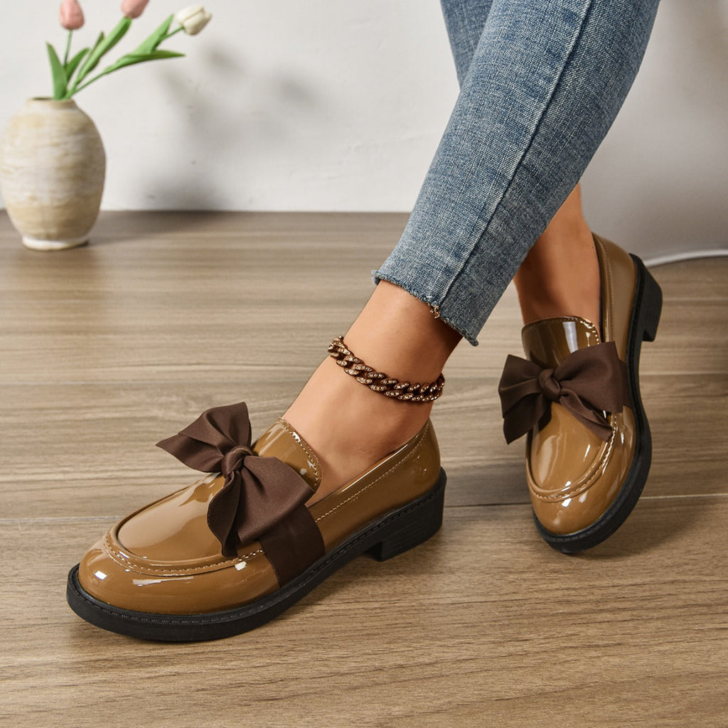 Sélora | Slip On Loafers for Women - Bow Detail Moc Toe Platform Cushioned Elegant Fit-Women's Flats-Brown-4-Camoufit