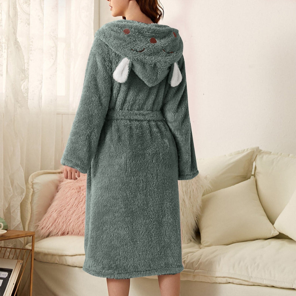 Green plush hooded bathrobe with bunny face on hood, long sleeves, belted waist
