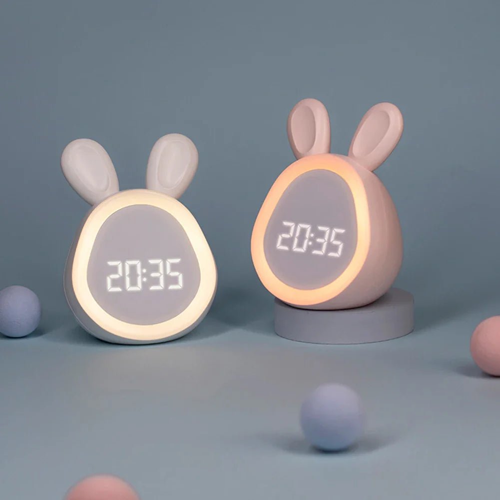 Set of bunny-shaped kids alarm clocks with LED night lights and digital time displays
