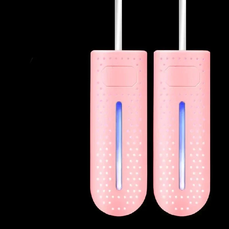 Portable shoe dryer with UV light, pink pair with blue glow tubes and hanging cords