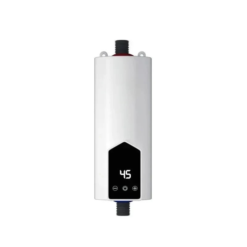 Instant electric water heater: white tankless unit with black LED panel showing 45