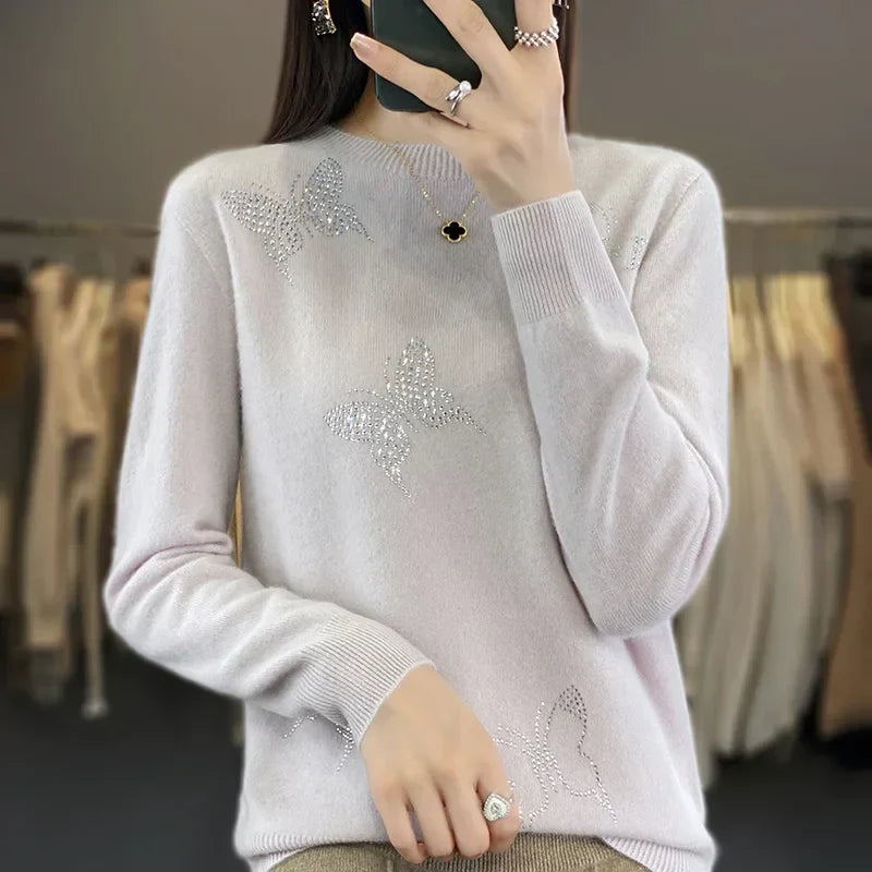 Pamelo | Women's Butterfly Knit Sweater - Long Sleeve Embellished Pullover with Ribbed Trim
