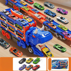 Dinosaur car launcher playset with blue T-rex, orange tracks, and multiple race cars
