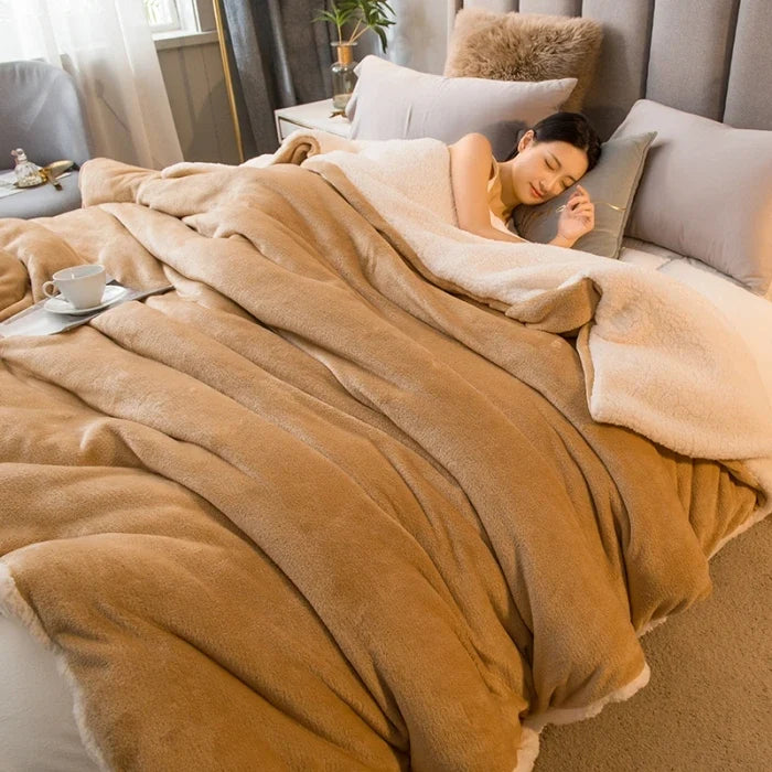 Camel tan double-sided flannel and fleece throw blanket with plush sherpa trim
