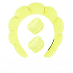 Lemon yellow plush spa headband with two matching fuzzy wrist towels for face washing