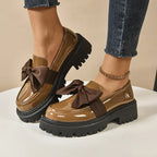 Novara | Chunky Platform Shoes for Women - Butterfly Bow High-Gloss Leather Trendy Fit-Women's Flats-Brown-4-Camoufit