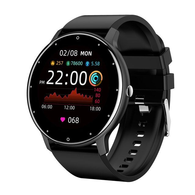 Black slim smartwatch with round screen showing time 22:00 and heart icon