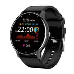 Black slim smartwatch with round screen showing time 22:00 and heart icon