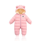 Pink hooded baby snowsuit romper with bear ears, full front zipper, padded quilt