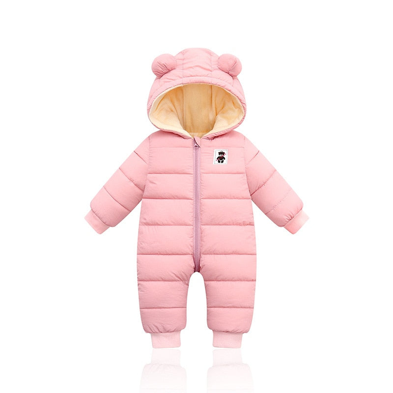 Pink hooded baby snowsuit romper with bear ears, full front zipper, padded quilt