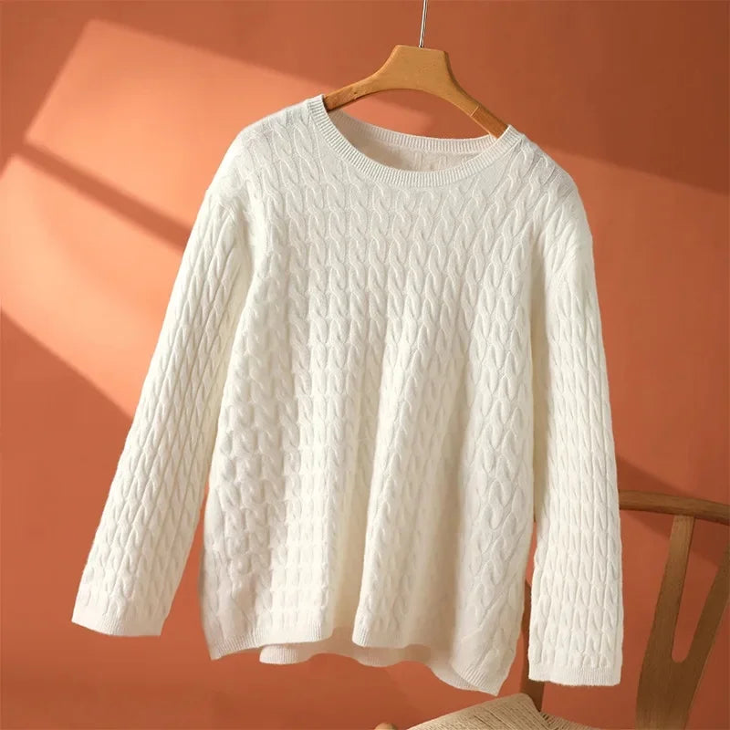 White textured long-sleeve sweater with crew neck and diamond knit texture