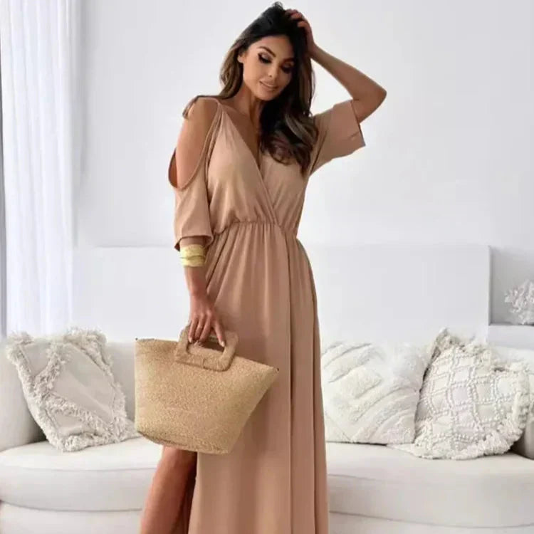 Rosavie | Cold Shoulder Maxi Dress for Women - V Neck Wrap Elasticated Slit Regular Fit-Dresses-Black-S-Camoufit