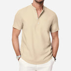 Cazaro | Henley Shirt for Men - Short Sleeve Grandad Collar Chest Pocket Regular Summer Fit-Men's Henley Shirt-Khaki-S-Camoufit