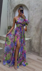 Solévia | One Shoulder Dress for Women - Floral Flowy Regular Summer Elegant Fit-Maxi Dress-Purple-S-Camoufit