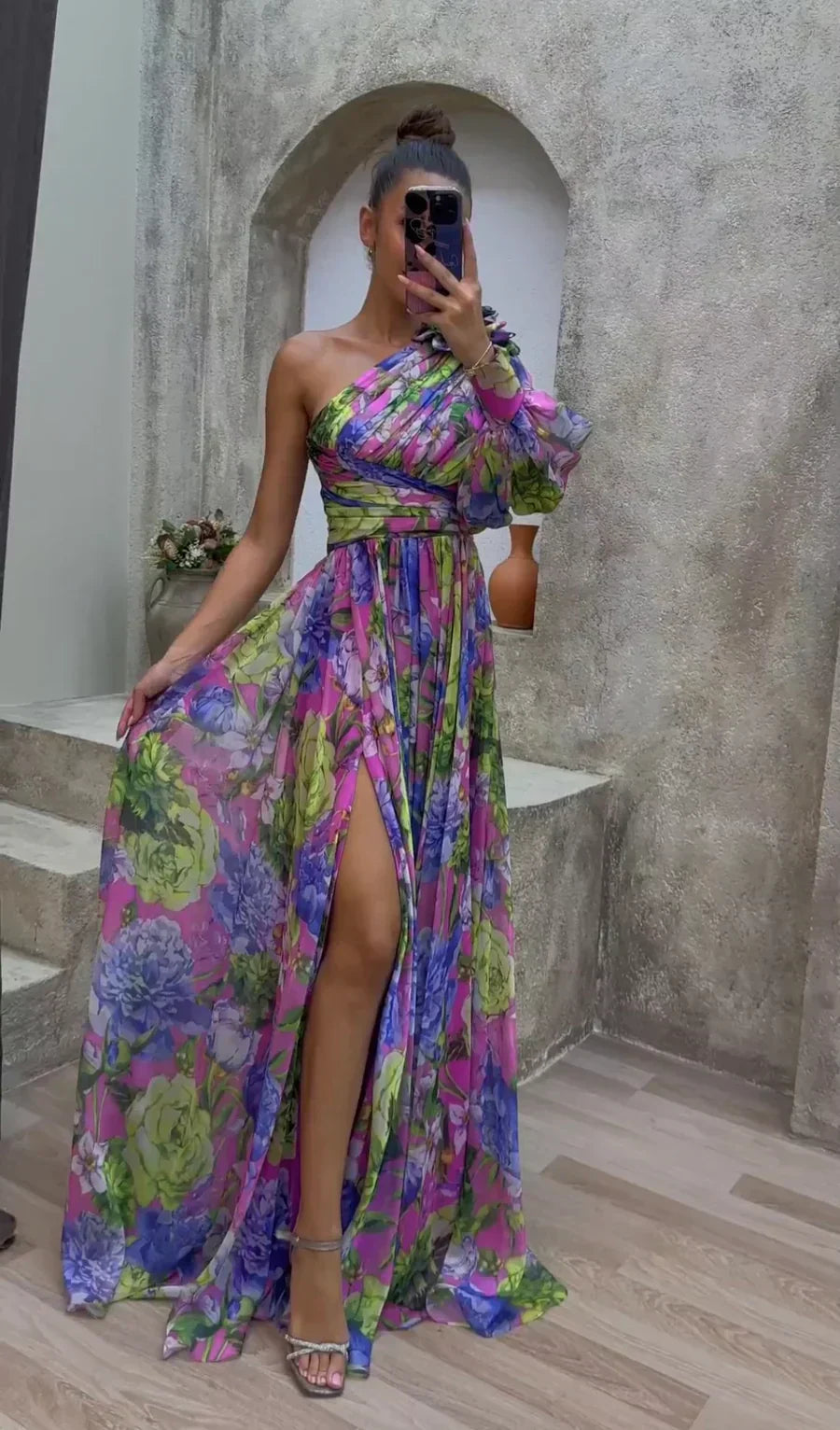 Solévia | One Shoulder Dress for Women - Floral Flowy Regular Summer Elegant Fit-Maxi Dress-Purple-S-Camoufit
