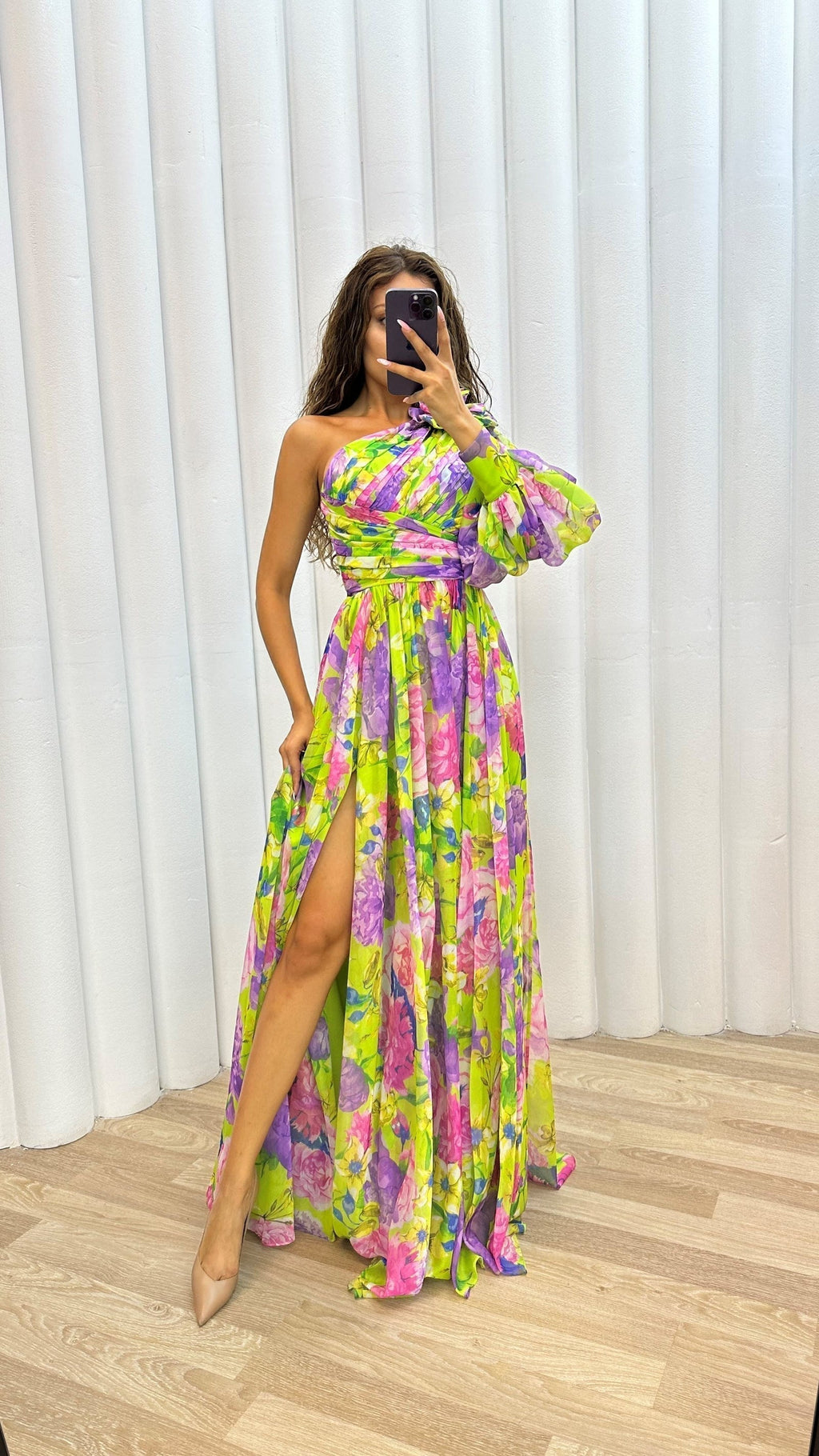 Solévia | One Shoulder Dress for Women - Floral Flowy Regular Summer Elegant Fit-Maxi Dress-Yellow-S-Camoufit