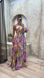 Solévia | One Shoulder Dress for Women - Floral Flowy Regular Summer Elegant Fit-Maxi Dress-Purple-S-Camoufit