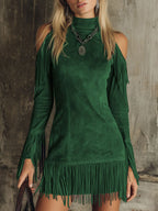 Malira | Mini Dress for Women - Off Shoulder Long Sleeve Fringed Faux Suede Western Fit-Mini Dress-Dark green-XS-Camoufit