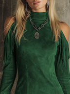 Malira | Mini Dress for Women - Off Shoulder Long Sleeve Fringed Faux Suede Western Fit-Mini Dress-Dark green-XS-Camoufit