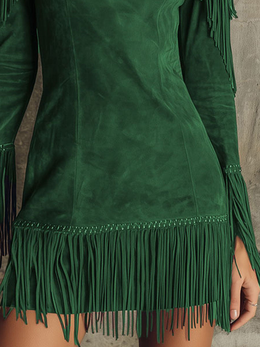 Malira | Mini Dress for Women - Off Shoulder Long Sleeve Fringed Faux Suede Western Fit-Mini Dress-Dark green-XS-Camoufit