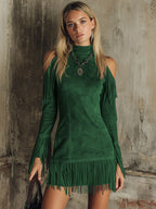 Malira | Mini Dress for Women - Off Shoulder Long Sleeve Fringed Faux Suede Western Fit-Mini Dress-Dark green-XS-Camoufit