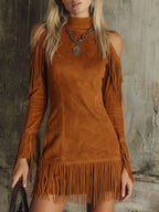 Malira | Mini Dress for Women - Off Shoulder Long Sleeve Fringed Faux Suede Western Fit-Mini Dress-caramel-XS-Camoufit