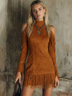 Malira | Mini Dress for Women - Off Shoulder Long Sleeve Fringed Faux Suede Western Fit-Mini Dress-Dark green-XS-Camoufit