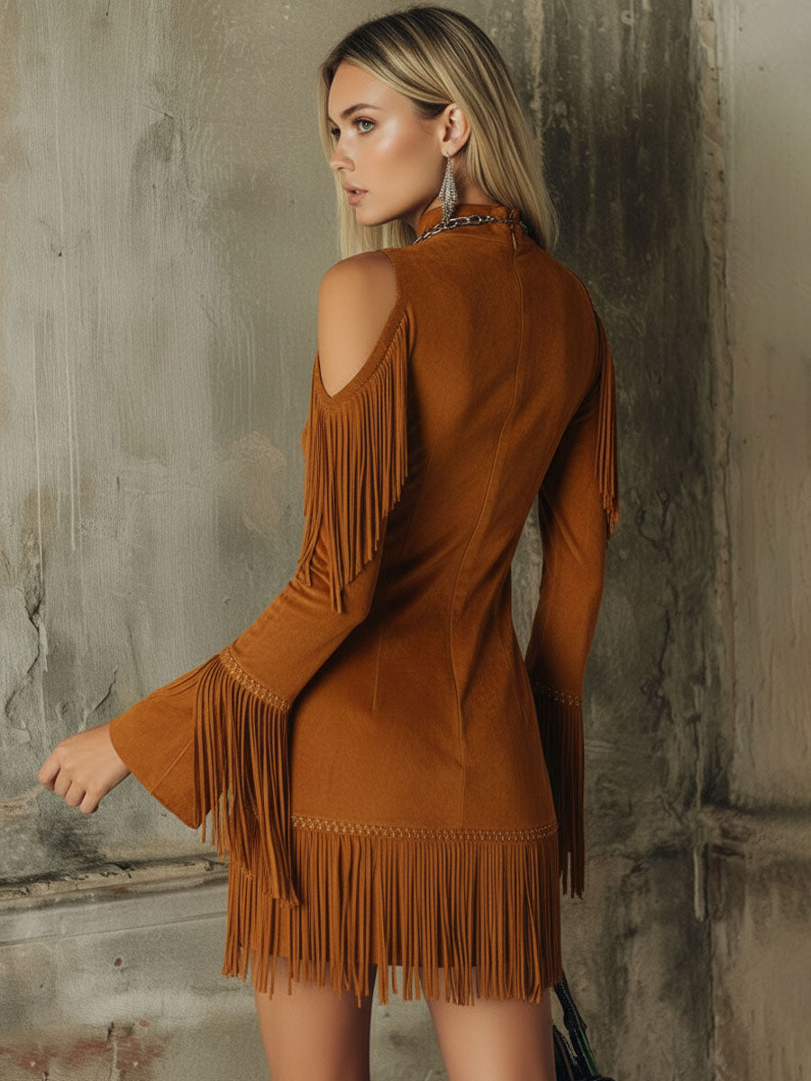 Malira | Mini Dress for Women - Off Shoulder Long Sleeve Fringed Faux Suede Western Fit-Mini Dress-Dark green-XS-Camoufit
