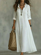 Sephira | Women's Retro Shift Dress - Ruffle Collar & Sleek Fit-Midi Dresses-White-S-