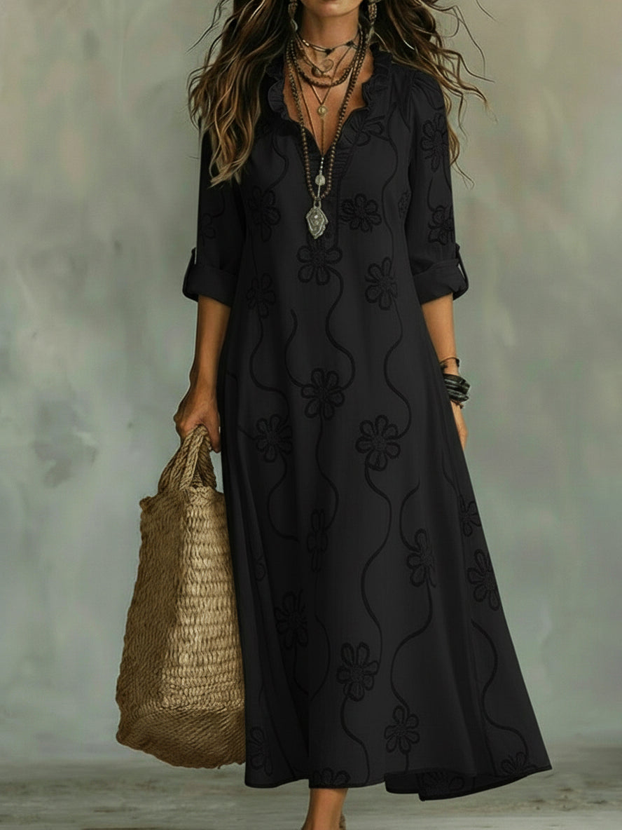 Sephira | Women's Retro Shift Dress - Ruffle Collar & Sleek Fit-Midi Dresses-Black-S-