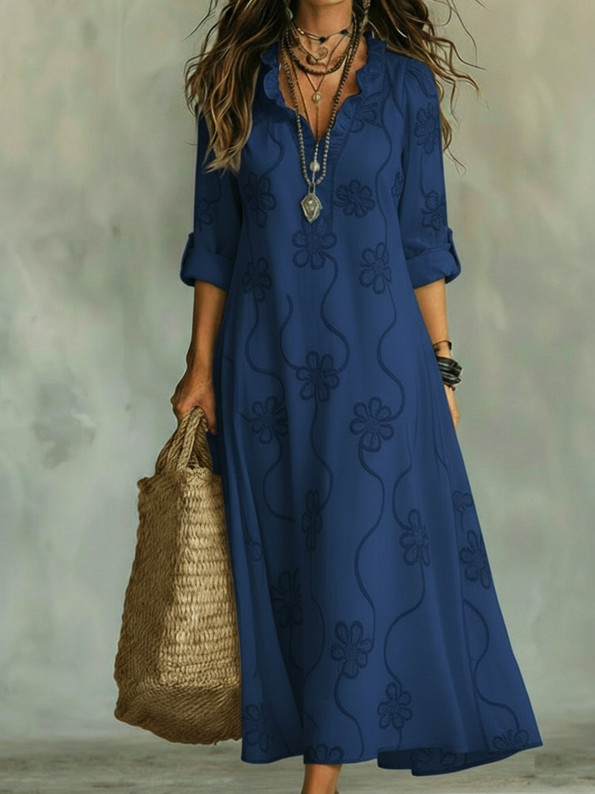 Sephira | Women's Retro Shift Dress - Ruffle Collar & Sleek Fit-Midi Dresses-Navy Blue-S-