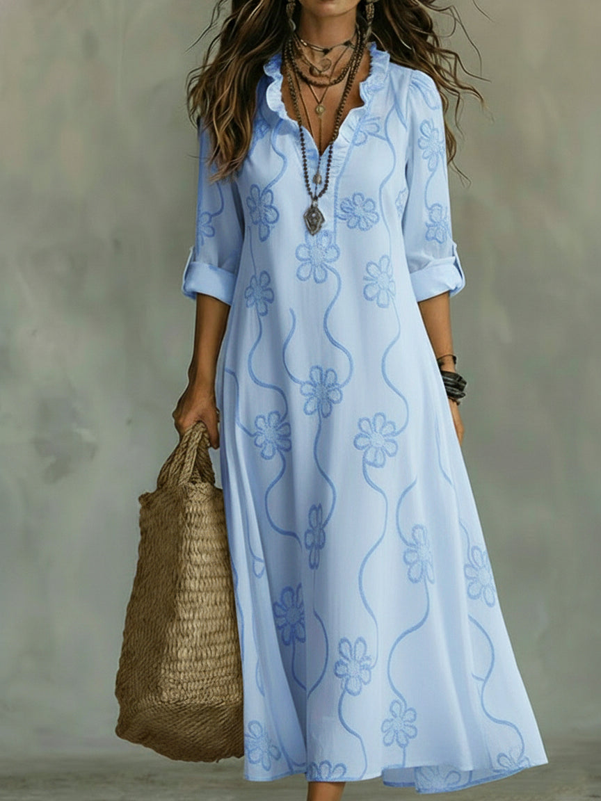 Sephira | Women's Retro Shift Dress - Ruffle Collar & Sleek Fit-Midi Dresses-Blue-S-