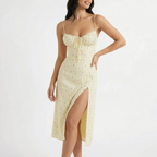 Women's Floral Midi Slip Dress with Ruched Bust Lace-Up V-Neck Spaghetti Strap Side Slit-Midi Dresses-Light Yellow-S-