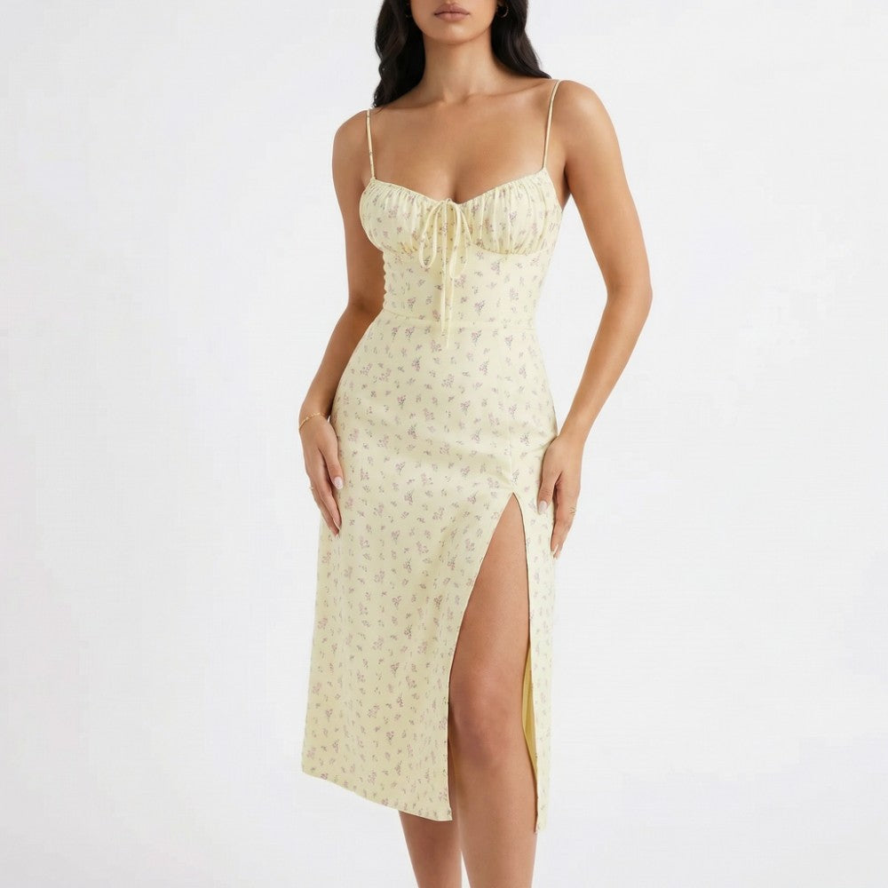 Women's Floral Midi Slip Dress with Ruched Bust Lace-Up V-Neck Spaghetti Strap Side Slit-Midi Dresses-Light Yellow-S-