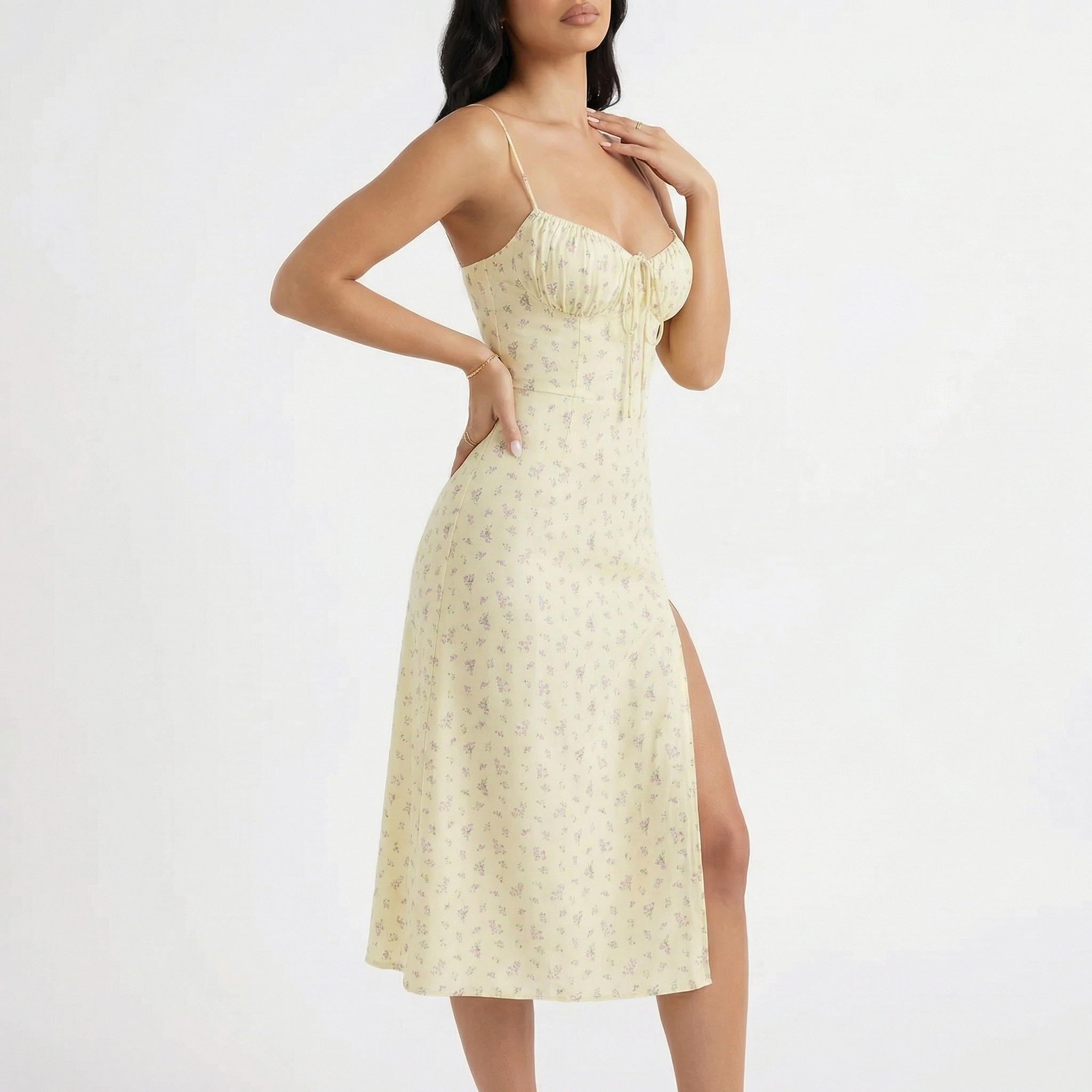 Women's Floral Midi Slip Dress with Ruched Bust Lace-Up V-Neck Spaghetti Strap Side Slit-Midi Dresses-Light Yellow-S-