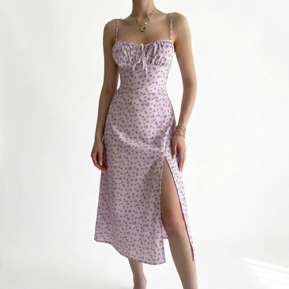Women's Floral Midi Slip Dress with Ruched Bust Lace-Up V-Neck Spaghetti Strap Side Slit-Midi Dresses-Pink-S-